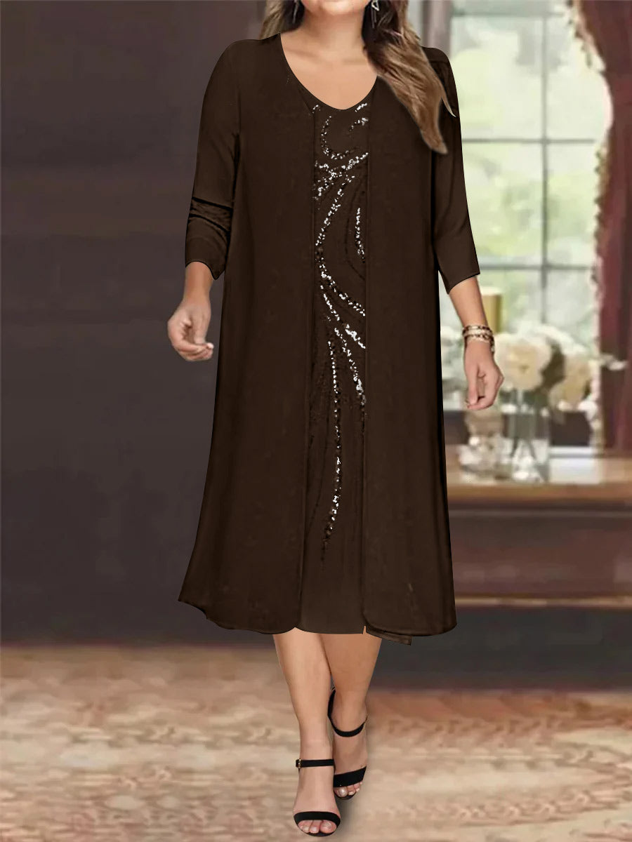Sheath/Column V-Neck Long Sleeves Tea-Length Plus Size Mother of the Bride Dresses with Jacket & Sequins Beading - 画像 (9)