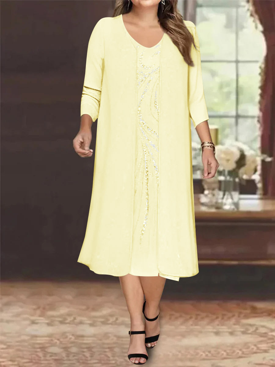 Sheath/Column V-Neck Long Sleeves Tea-Length Plus Size Mother of the Bride Dresses with Jacket & Sequins Beading - 画像 (10)