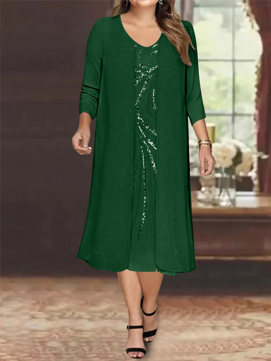 Sheath/Column V-Neck Long Sleeves Tea-Length Plus Size Mother of the Bride Dresses with Jacket & Sequins Beading - 画像 (11)