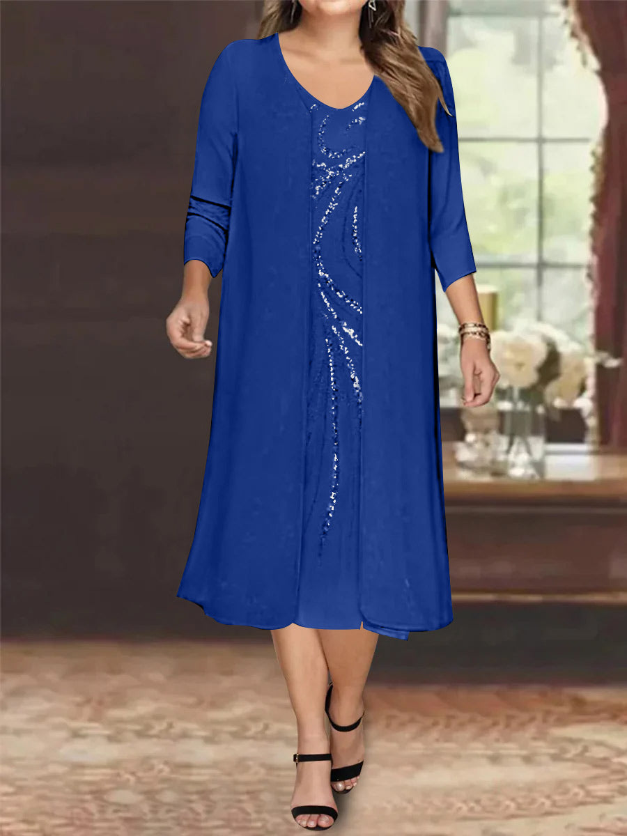 Sheath/Column V-Neck Long Sleeves Tea-Length Plus Size Mother of the Bride Dresses with Jacket & Sequins Beading - 画像 (12)