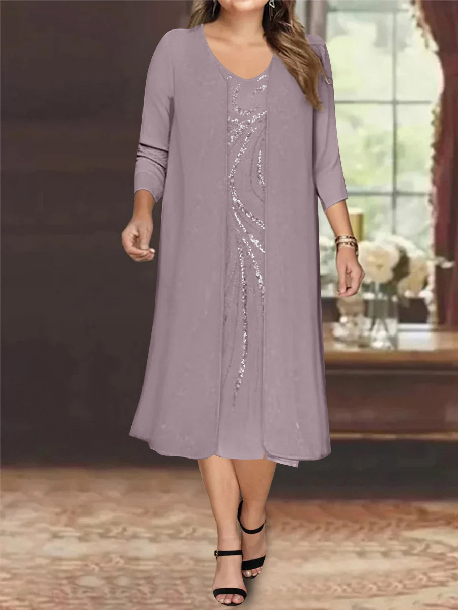 Sheath/Column V-Neck Long Sleeves Tea-Length Plus Size Mother of the Bride Dresses with Jacket & Sequins Beading - 画像 (13)