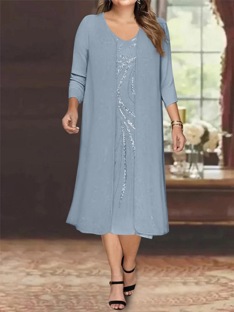 Sheath/Column V-Neck Long Sleeves Tea-Length Plus Size Mother of the Bride Dresses with Jacket & Sequins Beading - 画像 (14)