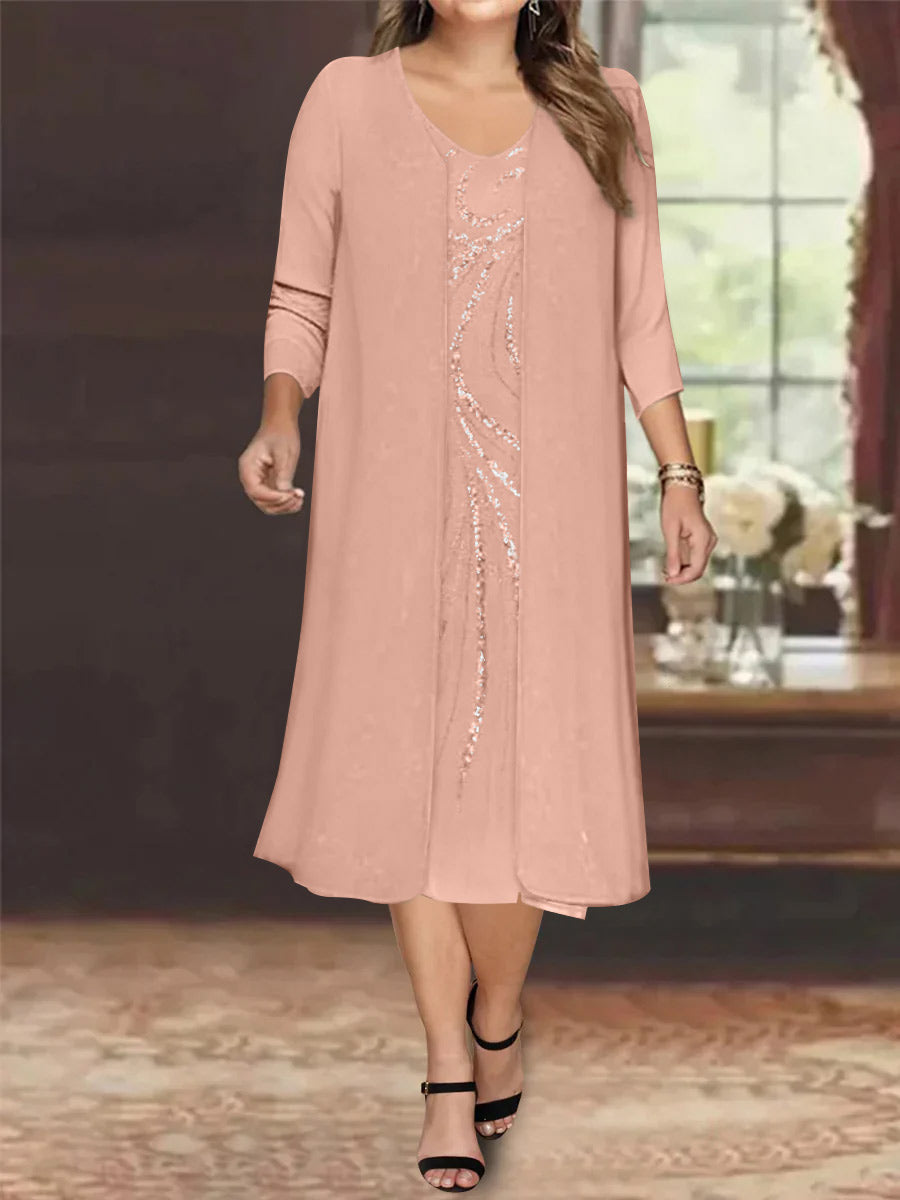 Sheath/Column V-Neck Long Sleeves Tea-Length Plus Size Mother of the Bride Dresses with Jacket & Sequins Beading - 画像 (42)
