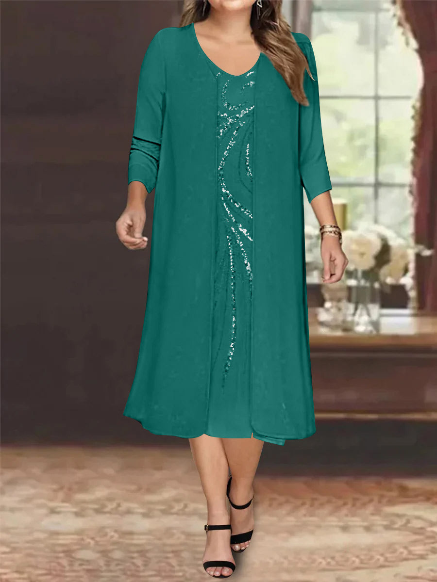 Sheath/Column V-Neck Long Sleeves Tea-Length Plus Size Mother of the Bride Dresses with Jacket & Sequins Beading - 画像 (15)