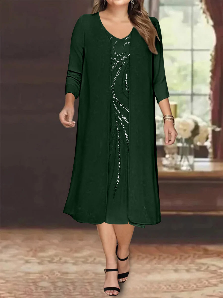 Sheath/Column V-Neck Long Sleeves Tea-Length Plus Size Mother of the Bride Dresses with Jacket & Sequins Beading - 画像 (18)