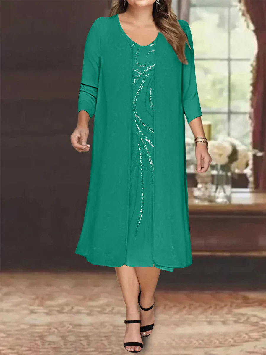 Sheath/Column V-Neck Long Sleeves Tea-Length Plus Size Mother of the Bride Dresses with Jacket & Sequins Beading - 画像 (21)