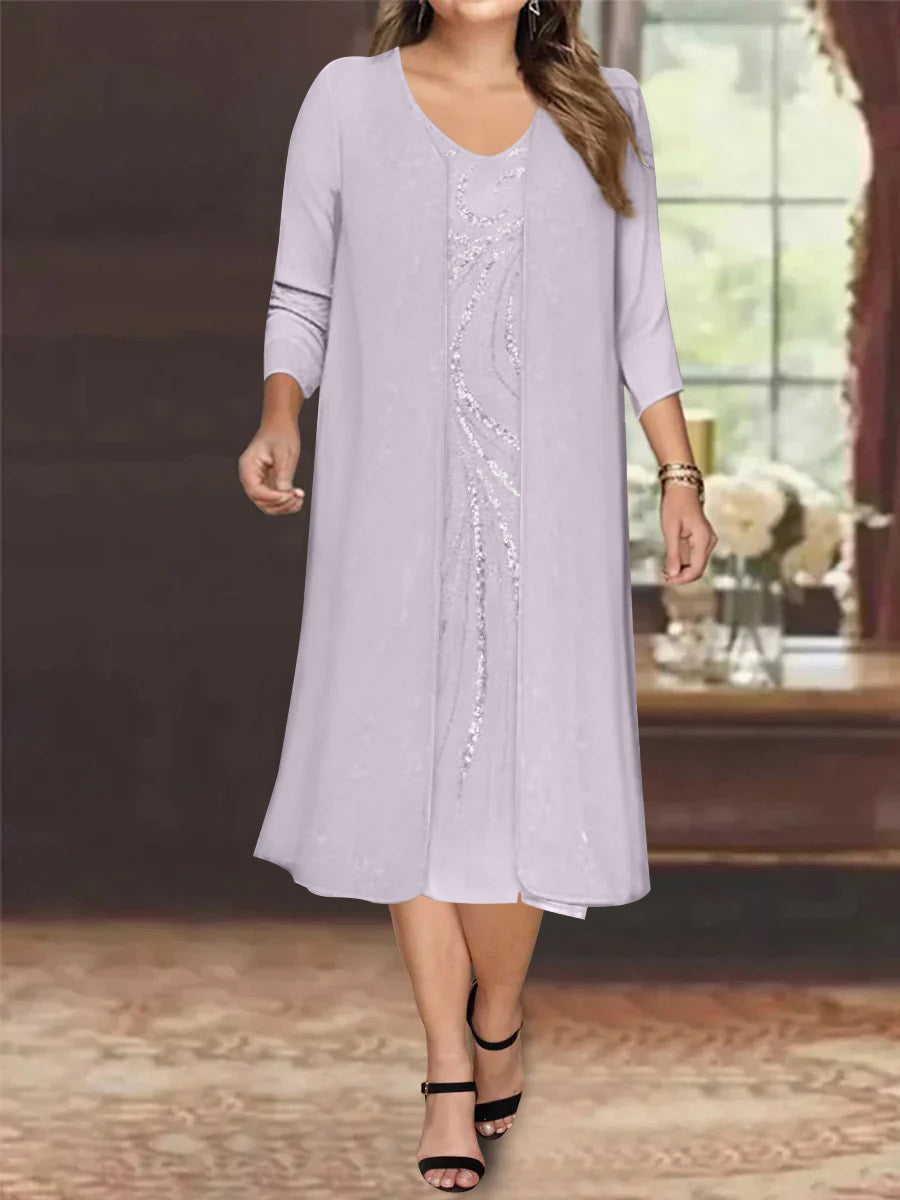 Sheath/Column V-Neck Long Sleeves Tea-Length Plus Size Mother of the Bride Dresses with Jacket & Sequins Beading - 画像 (22)