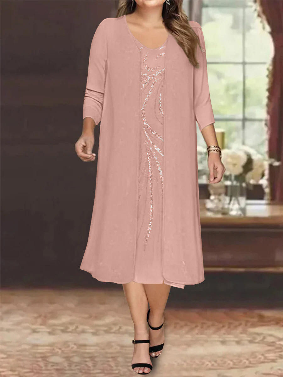 Sheath/Column V-Neck Long Sleeves Tea-Length Plus Size Mother of the Bride Dresses with Jacket & Sequins Beading - 画像 (23)