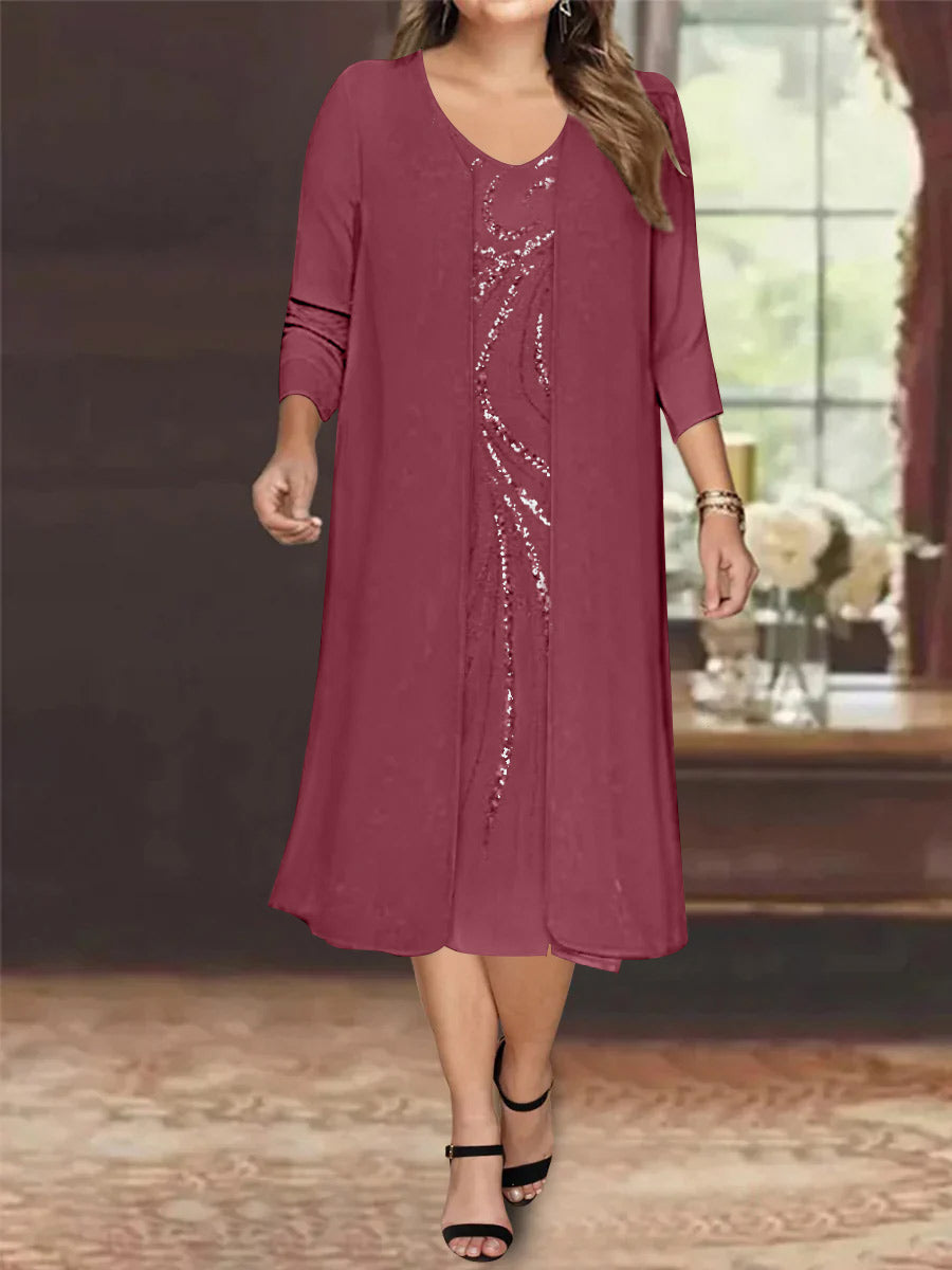 Sheath/Column V-Neck Long Sleeves Tea-Length Plus Size Mother of the Bride Dresses with Jacket & Sequins Beading - 画像 (45)