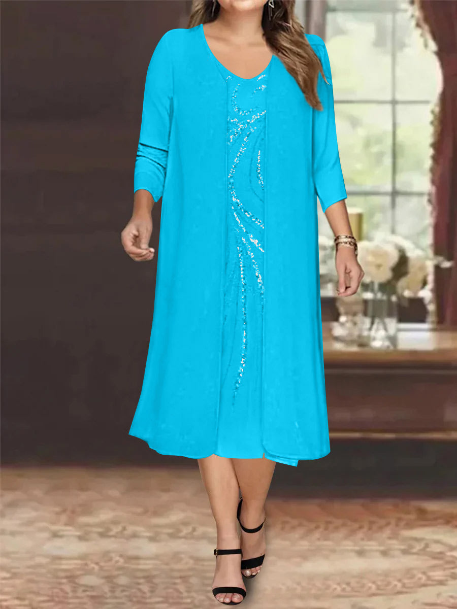 Sheath/Column V-Neck Long Sleeves Tea-Length Plus Size Mother of the Bride Dresses with Jacket & Sequins Beading - 画像 (26)