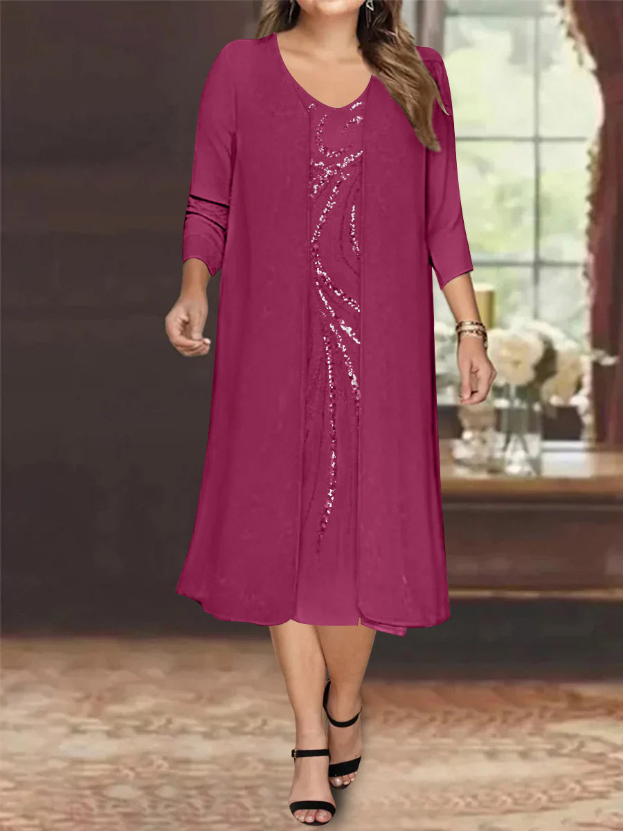 Sheath/Column V-Neck Long Sleeves Tea-Length Plus Size Mother of the Bride Dresses with Jacket & Sequins Beading - 画像 (28)