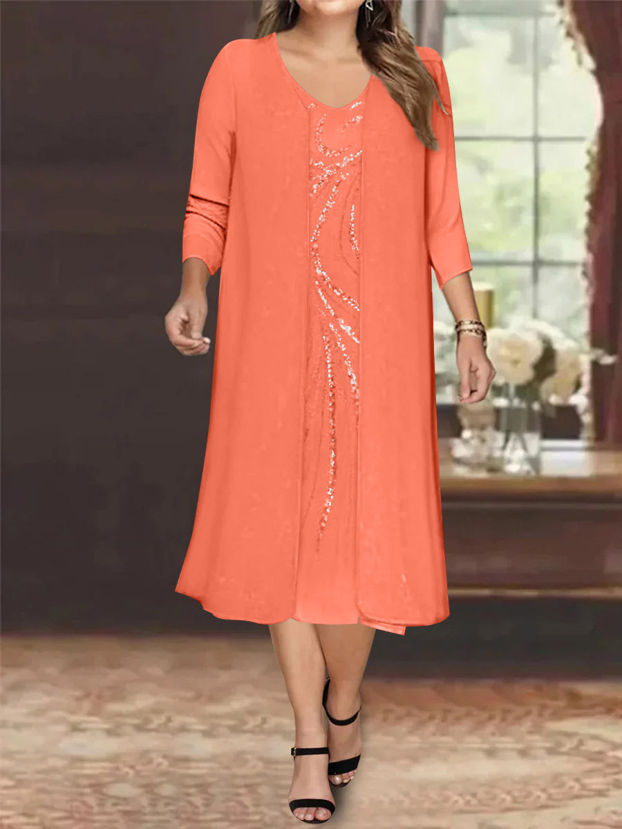 Sheath/Column V-Neck Long Sleeves Tea-Length Plus Size Mother of the Bride Dresses with Jacket & Sequins Beading - 画像 (46)