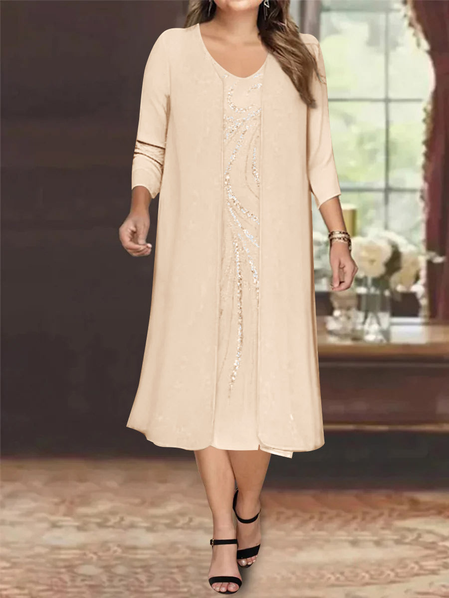 Sheath/Column V-Neck Long Sleeves Tea-Length Plus Size Mother of the Bride Dresses with Jacket & Sequins Beading - 画像 (47)
