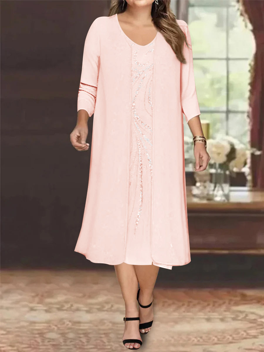 Sheath/Column V-Neck Long Sleeves Tea-Length Plus Size Mother of the Bride Dresses with Jacket & Sequins Beading - 画像 (48)