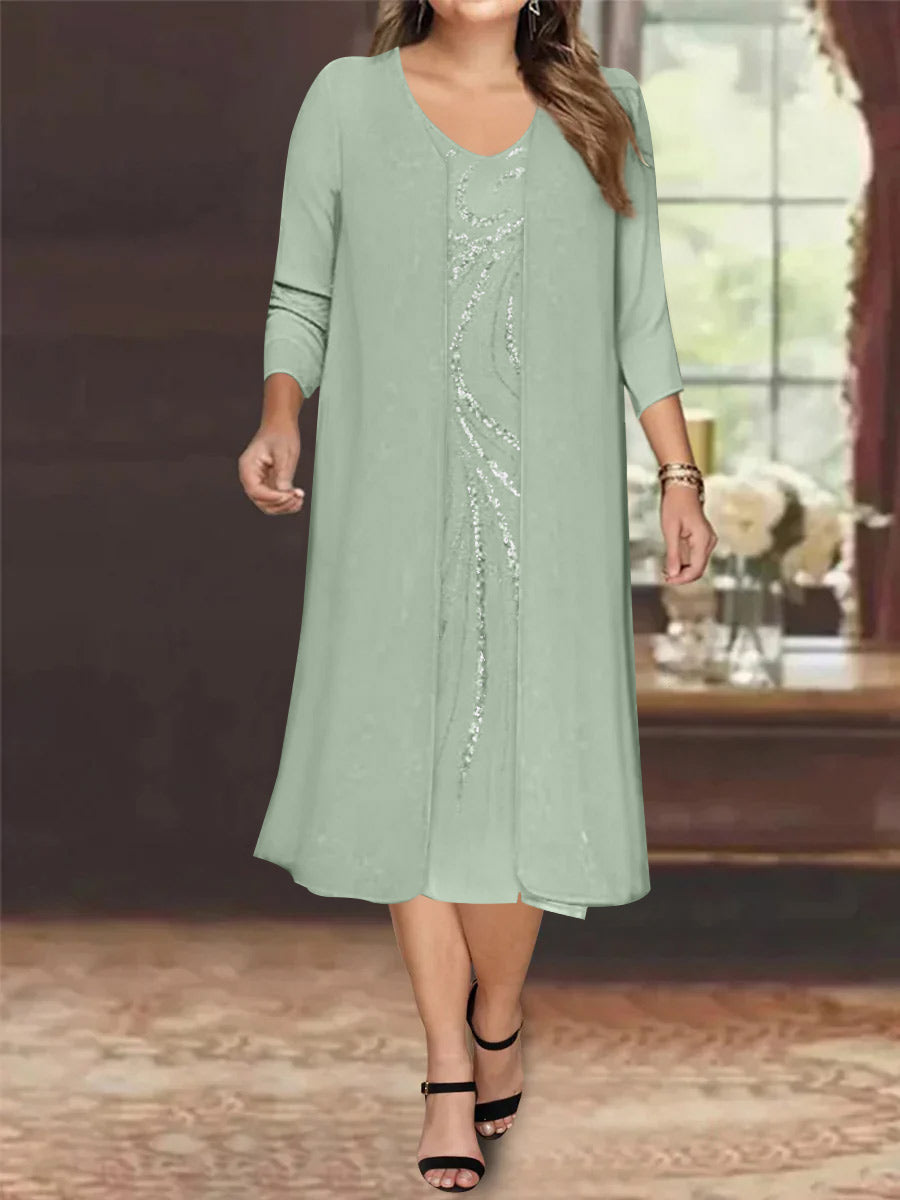Sheath/Column V-Neck Long Sleeves Tea-Length Plus Size Mother of the Bride Dresses with Jacket & Sequins Beading - 画像 (32)