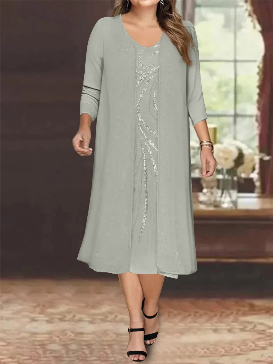 Sheath/Column V-Neck Long Sleeves Tea-Length Plus Size Mother of the Bride Dresses with Jacket & Sequins Beading - 画像 (33)