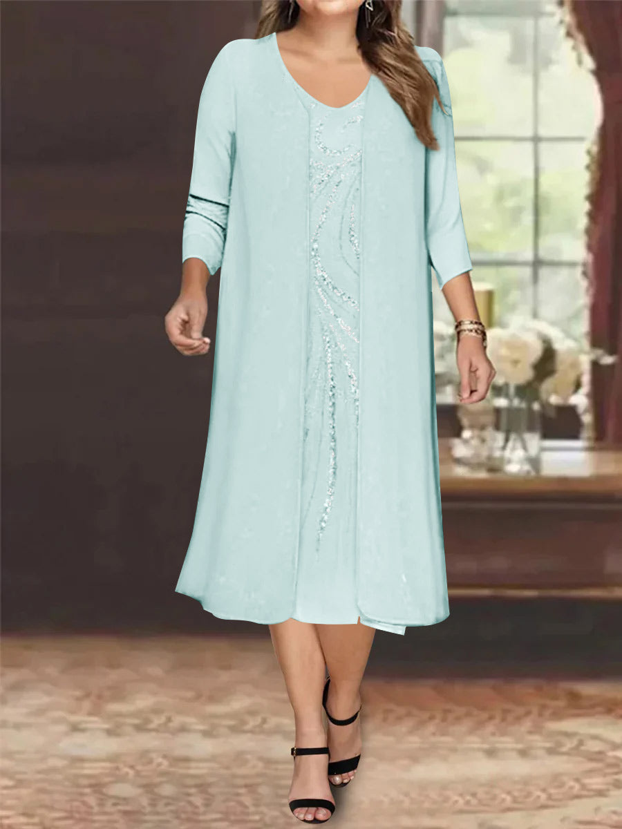 Sheath/Column V-Neck Long Sleeves Tea-Length Plus Size Mother of the Bride Dresses with Jacket & Sequins Beading - 画像 (51)