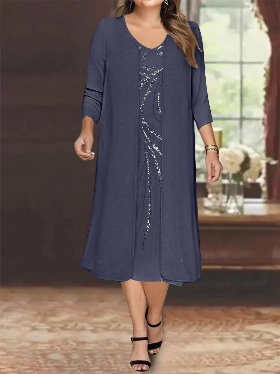 Sheath/Column V-Neck Long Sleeves Tea-Length Plus Size Mother of the Bride Dresses with Jacket & Sequins Beading - 画像 (53)