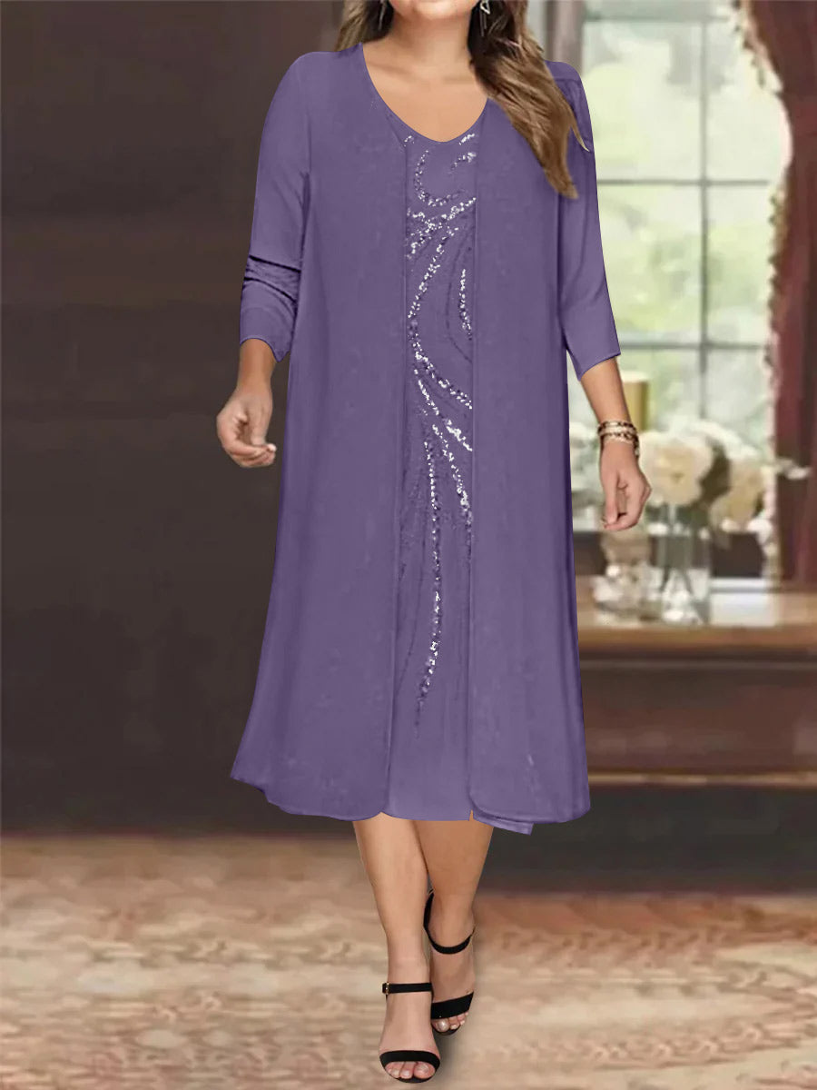 Sheath/Column V-Neck Long Sleeves Tea-Length Plus Size Mother of the Bride Dresses with Jacket & Sequins Beading - 画像 (34)
