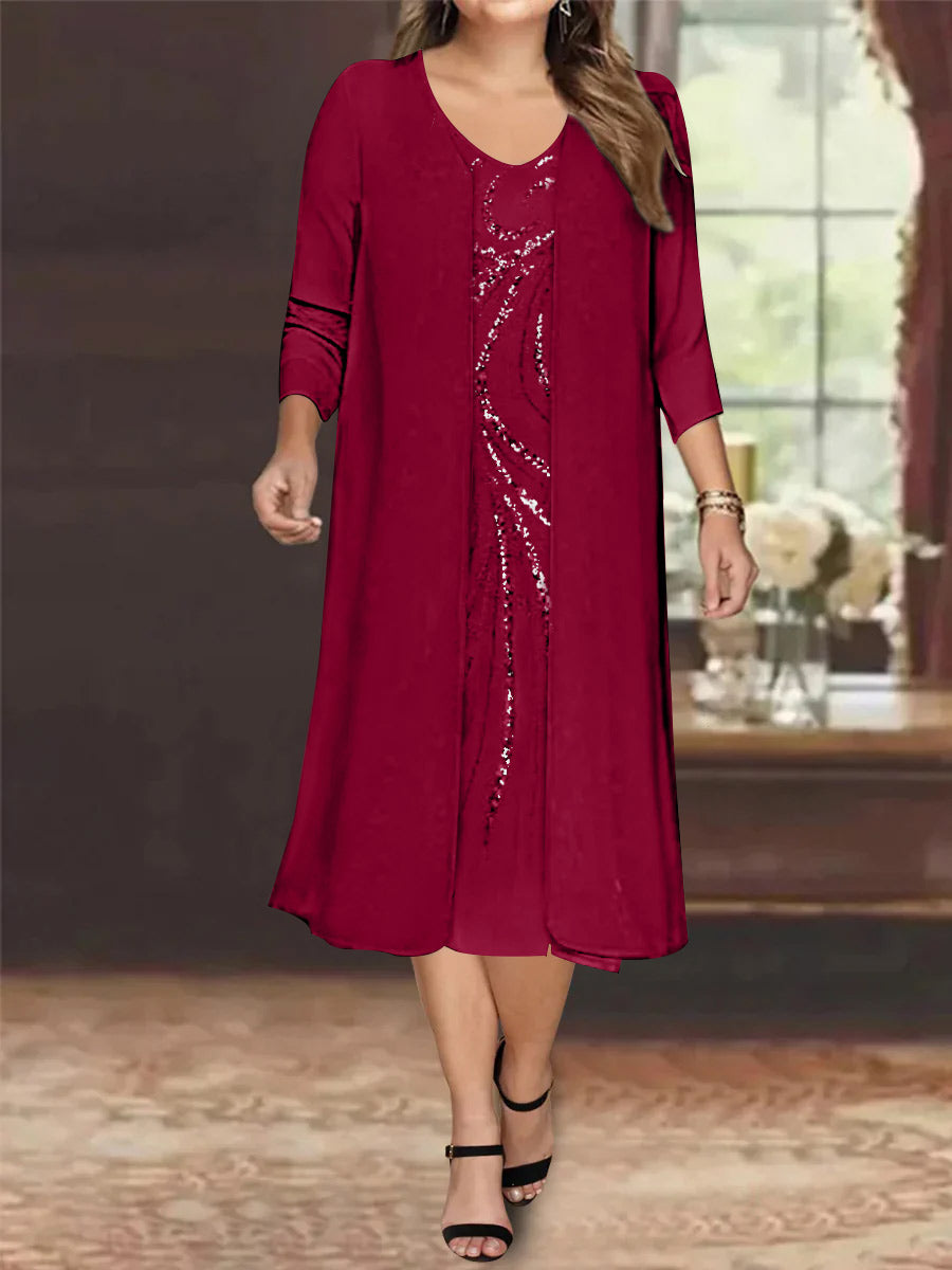 Sheath/Column V-Neck Long Sleeves Tea-Length Plus Size Mother of the Bride Dresses with Jacket & Sequins Beading - 画像 (38)