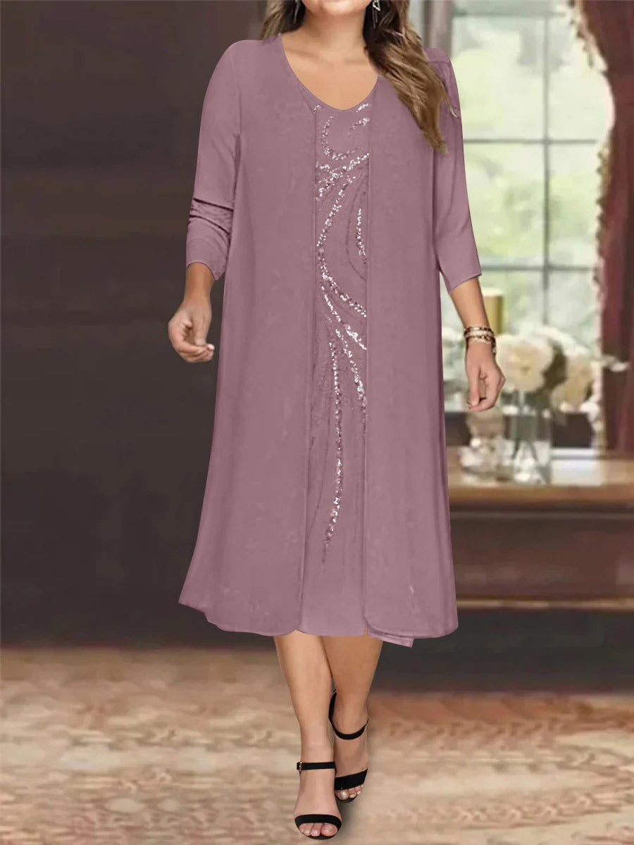 Sheath/Column V-Neck Long Sleeves Tea-Length Plus Size Mother of the Bride Dresses with Jacket & Sequins Beading - 画像 (39)
