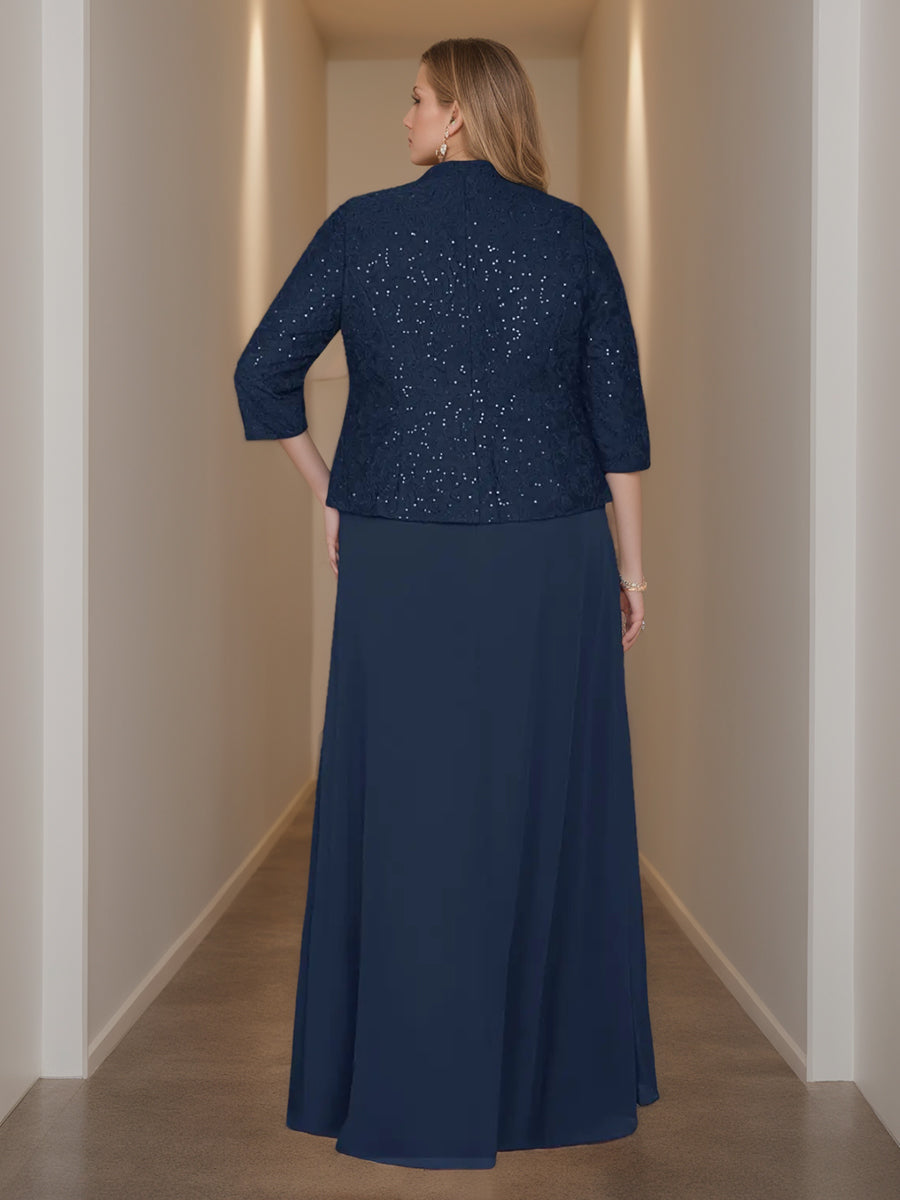 Sheath/Column 2 Pieces Square Neck 3/4 Length Sleeves Floor-Length Mother of the Bride Dresses with Jacket, Lace & Sequins - 画像 (2)