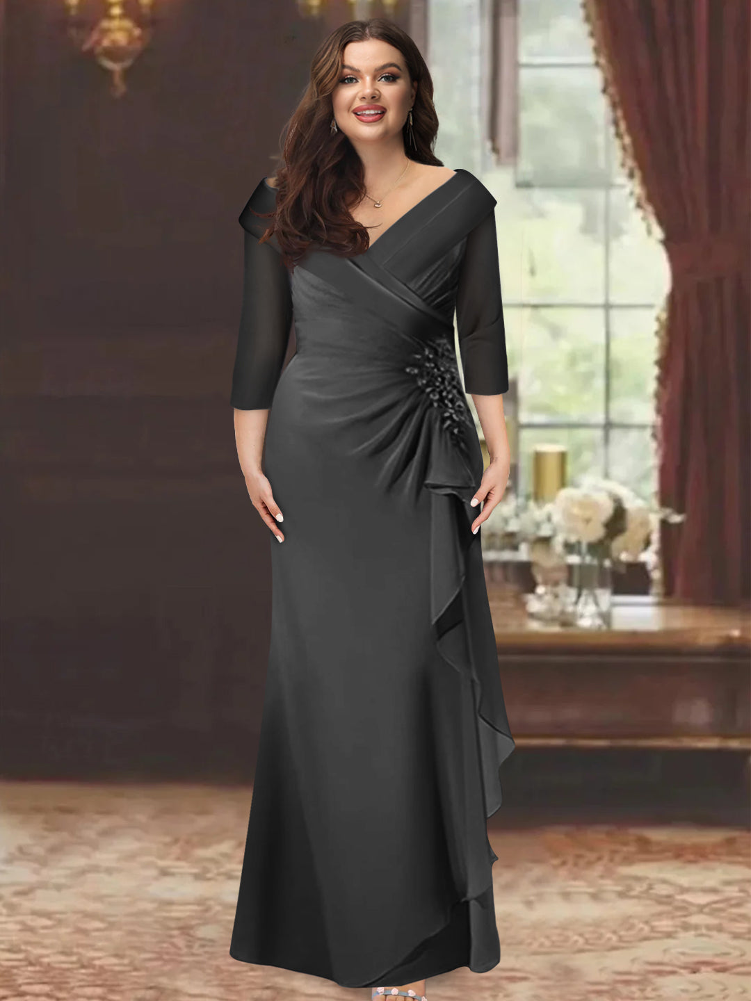 Sheath/Column V-Neck Half Sleeves Floor-Length Plus Size Mother of the Bride Dresses with Ruffles & Appliques - 이미지 2