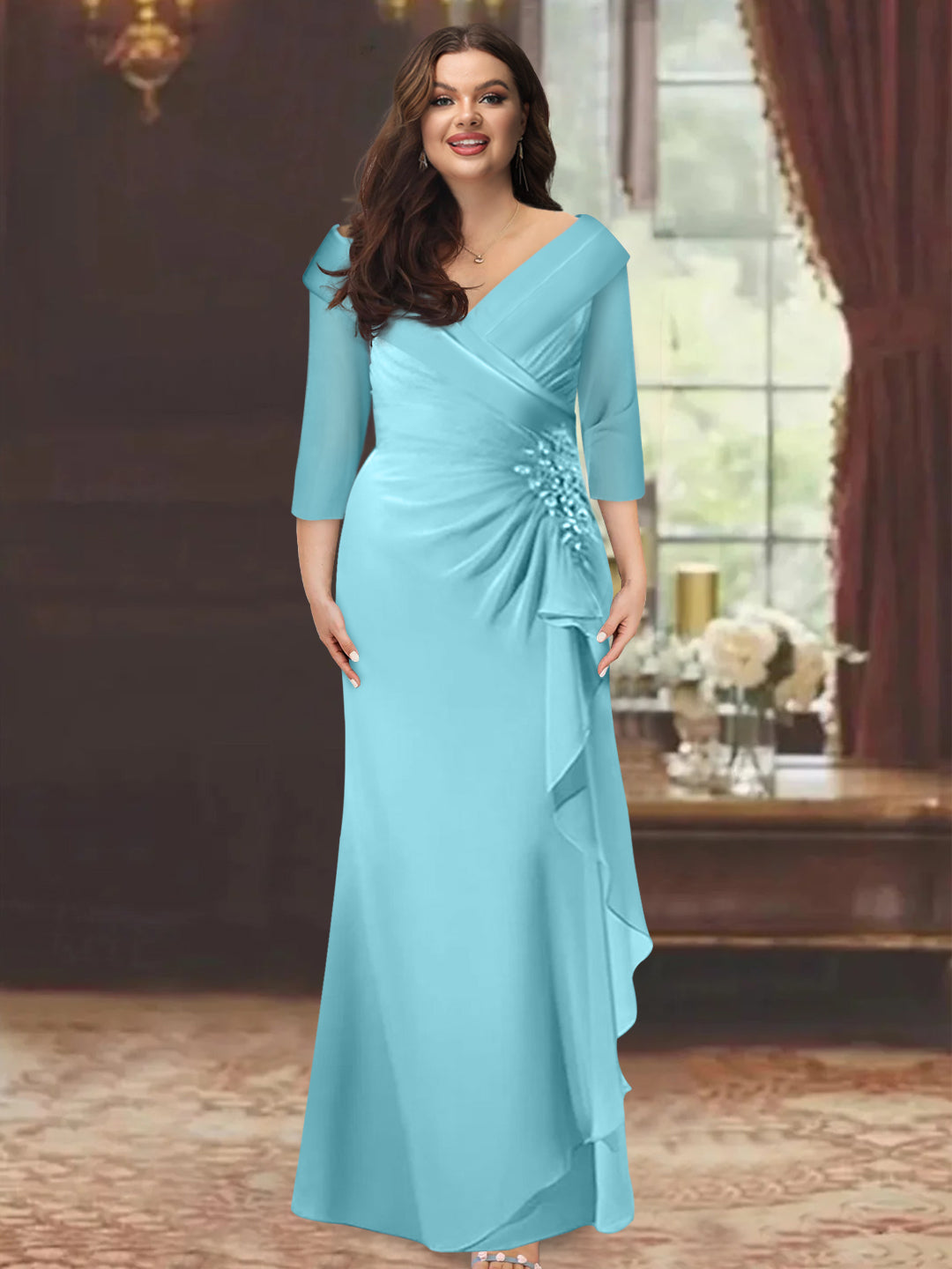 Sheath/Column V-Neck Half Sleeves Floor-Length Plus Size Mother of the Bride Dresses with Ruffles & Appliques - 이미지 3