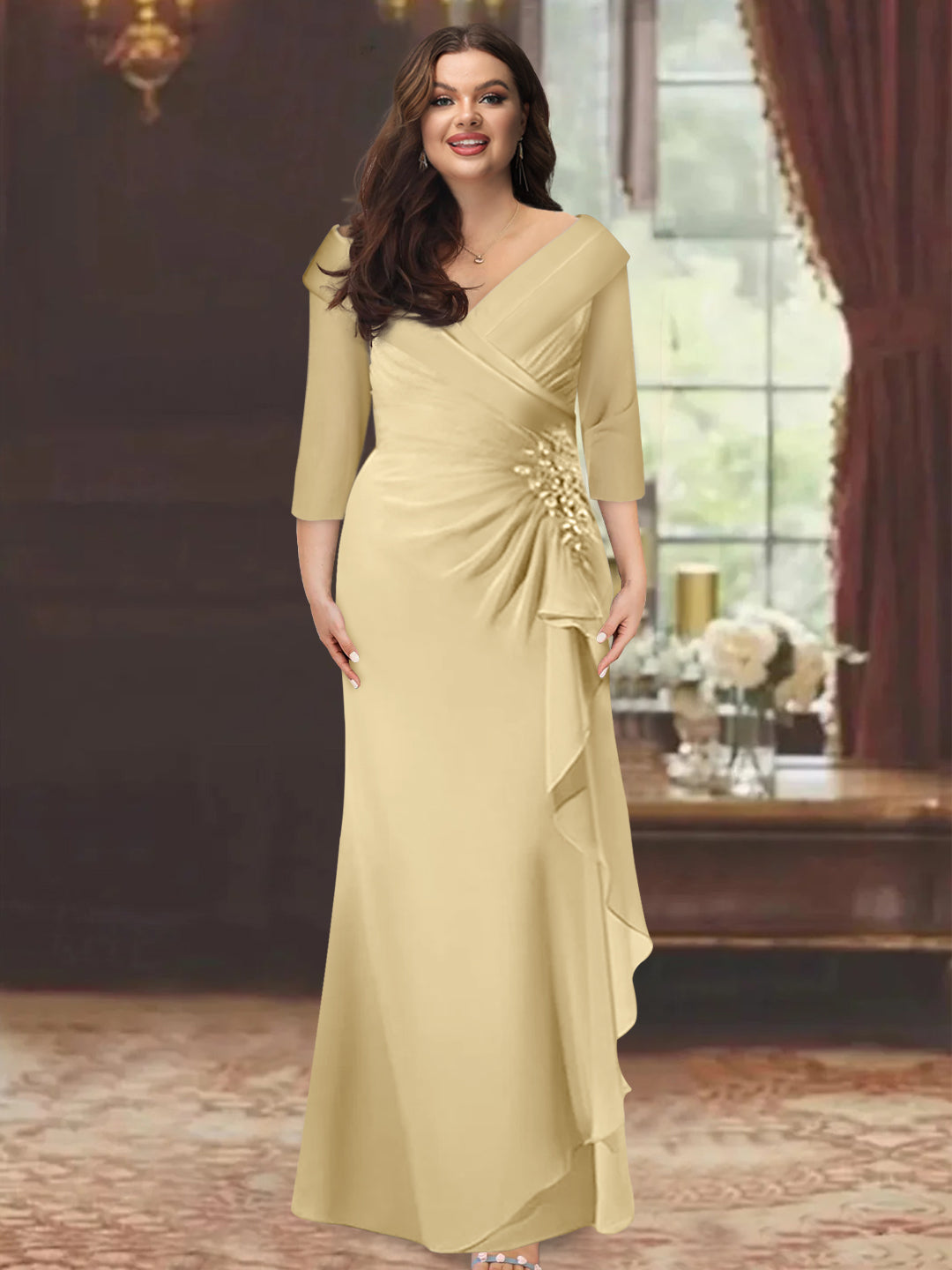Sheath/Column V-Neck Half Sleeves Floor-Length Plus Size Mother of the Bride Dresses with Ruffles & Appliques - 이미지 8