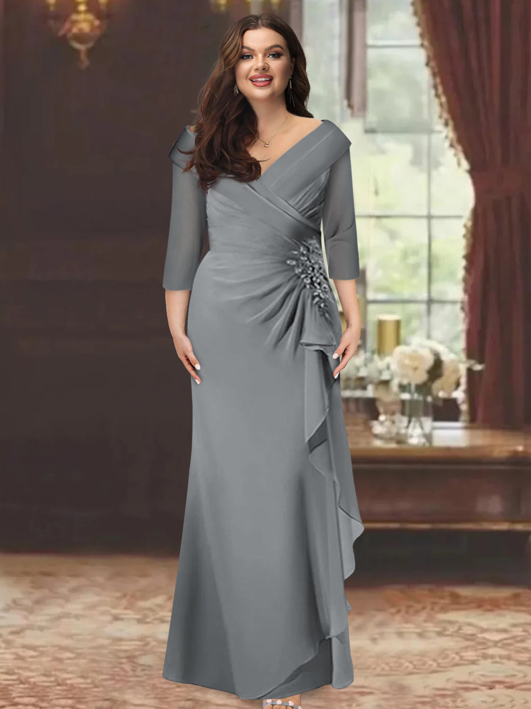 Sheath/Column V-Neck Half Sleeves Floor-Length Plus Size Mother of the Bride Dresses with Ruffles & Appliques - 이미지 9