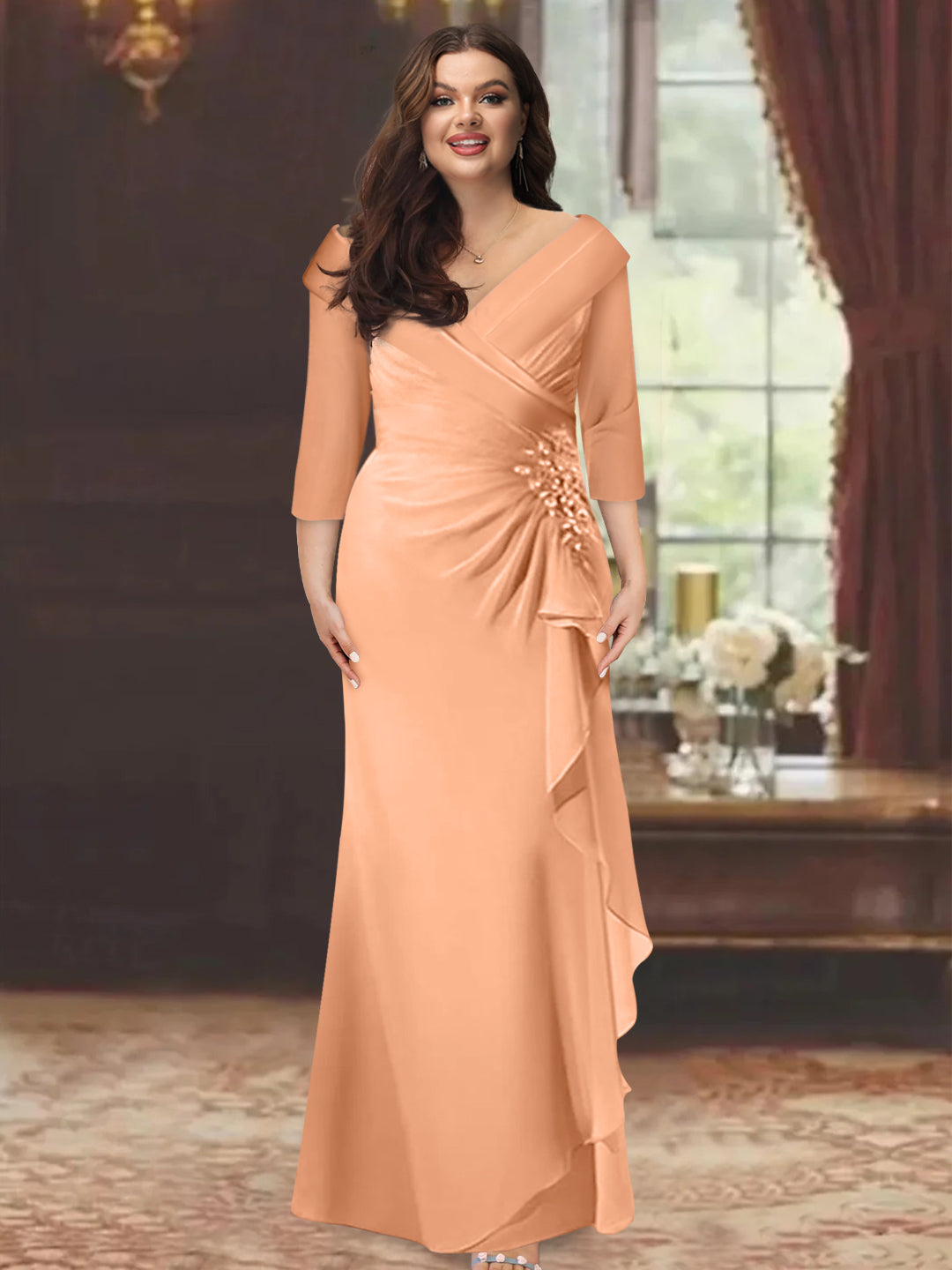 Sheath/Column V-Neck Half Sleeves Floor-Length Plus Size Mother of the Bride Dresses with Ruffles & Appliques - 이미지 11