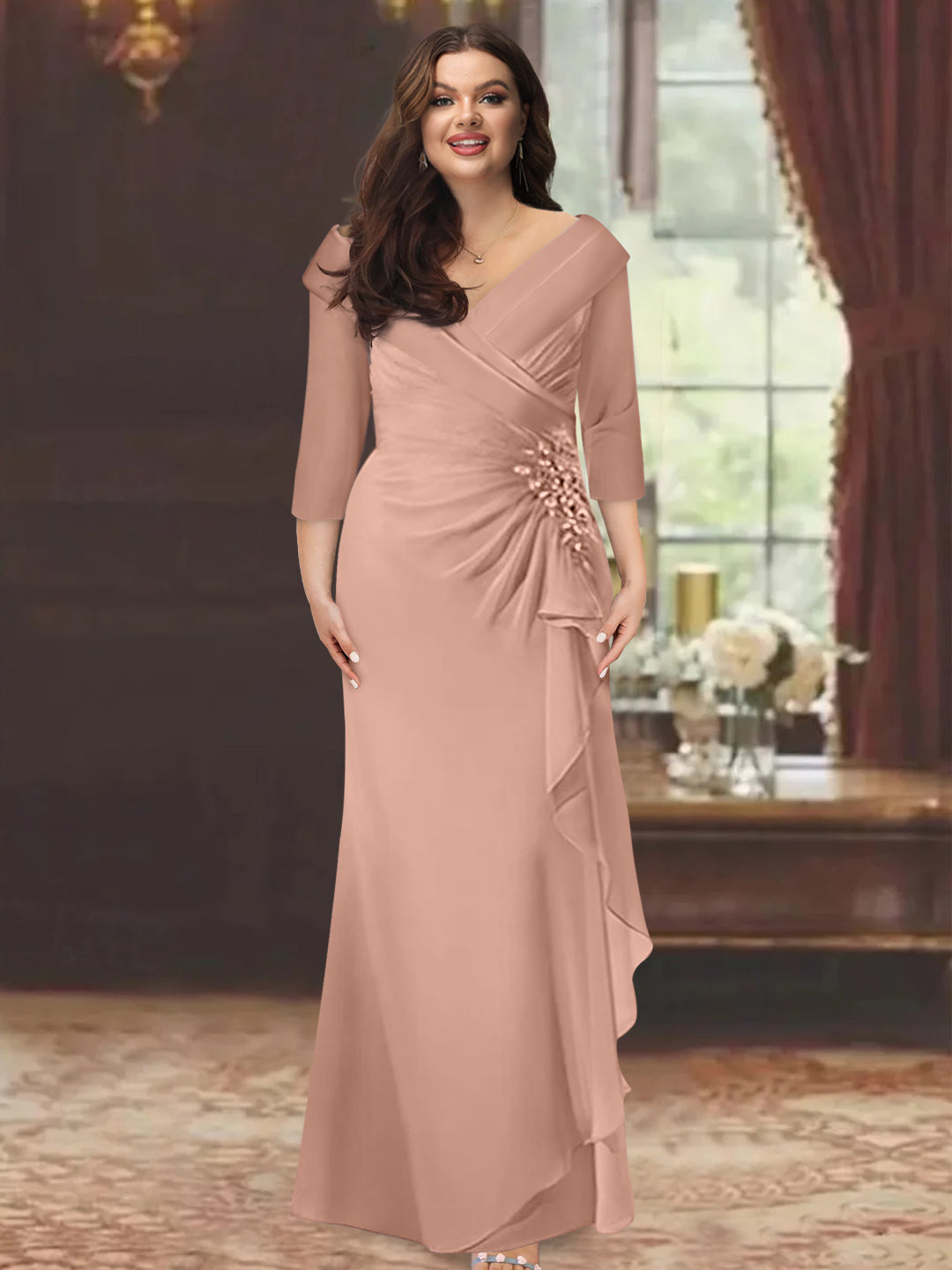 Sheath/Column V-Neck Half Sleeves Floor-Length Plus Size Mother of the Bride Dresses with Ruffles & Appliques - 이미지 18