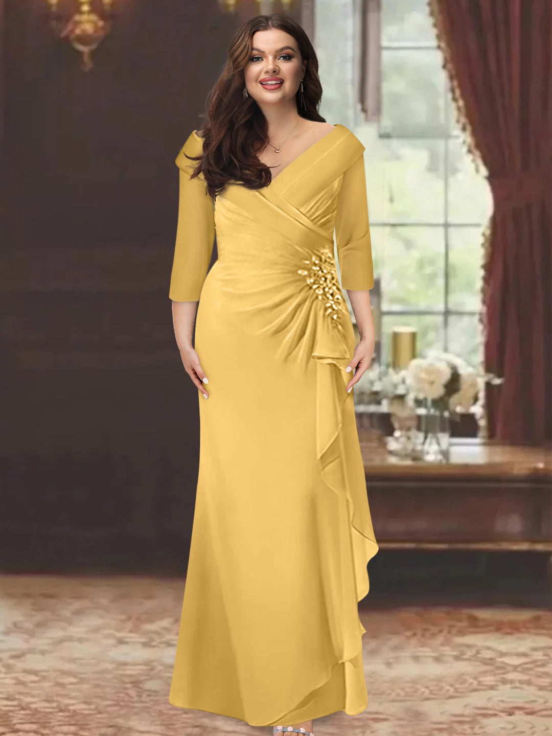 Sheath/Column V-Neck Half Sleeves Floor-Length Plus Size Mother of the Bride Dresses with Ruffles & Appliques - 이미지 21