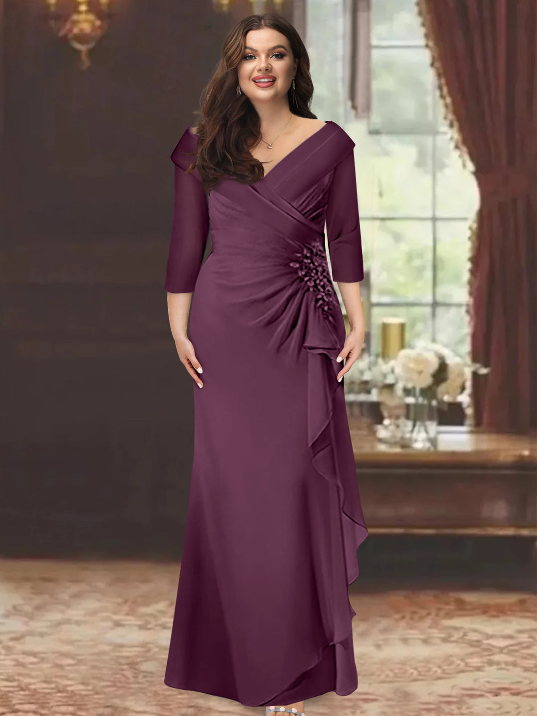 Sheath/Column V-Neck Half Sleeves Floor-Length Plus Size Mother of the Bride Dresses with Ruffles & Appliques - 이미지 22