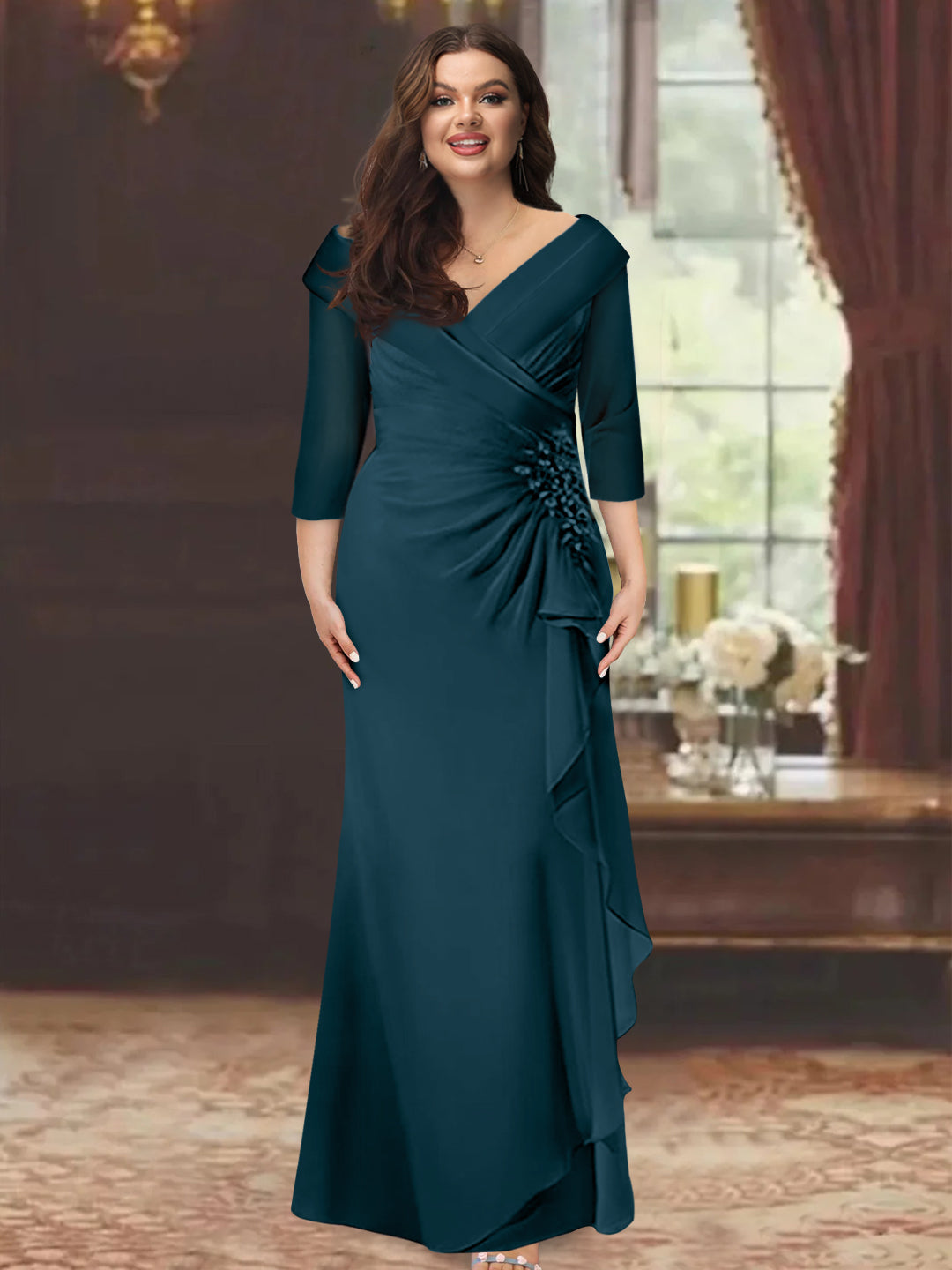 Sheath/Column V-Neck Half Sleeves Floor-Length Plus Size Mother of the Bride Dresses with Ruffles & Appliques - 이미지 24