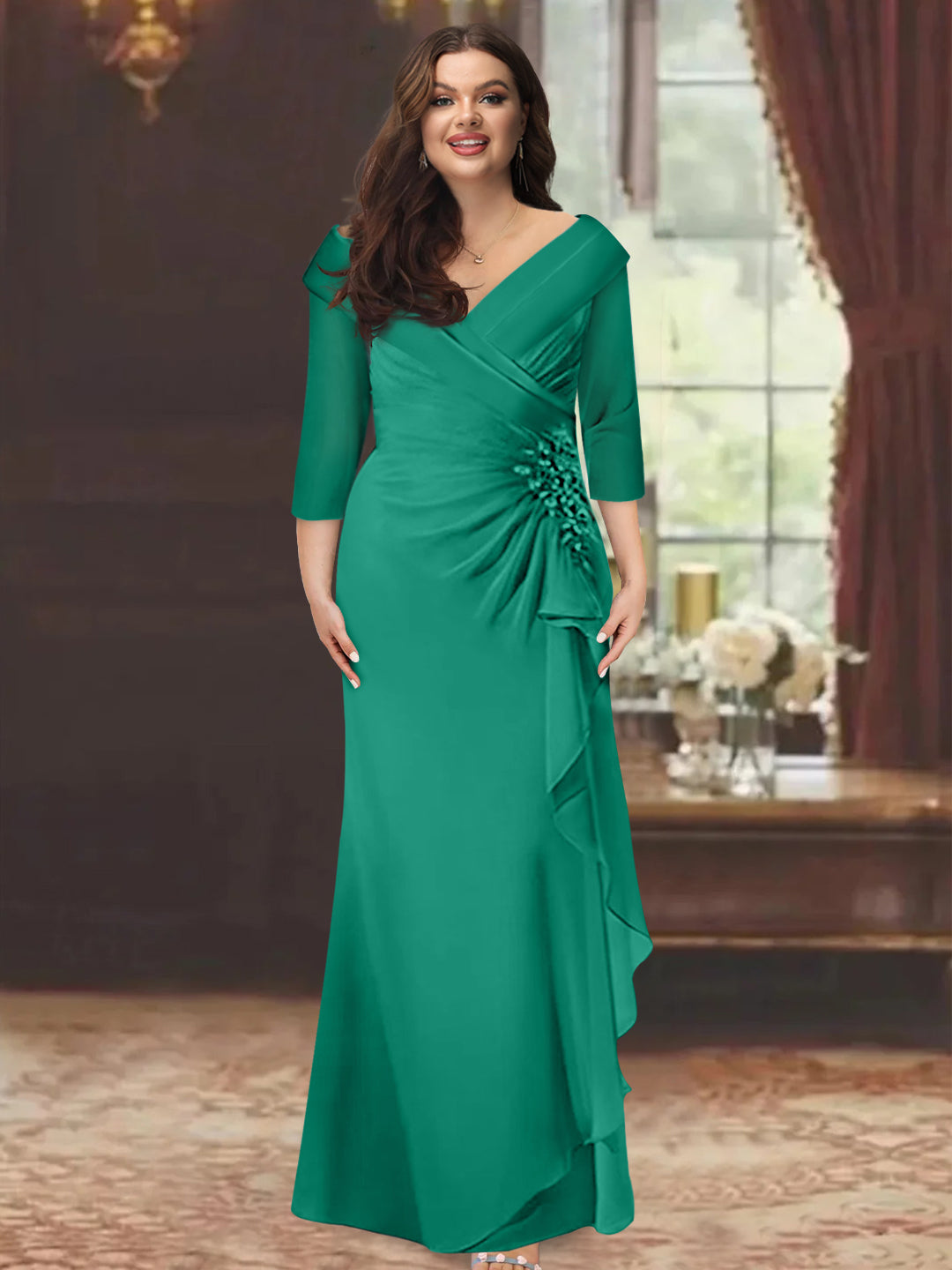 Sheath/Column V-Neck Half Sleeves Floor-Length Plus Size Mother of the Bride Dresses with Ruffles & Appliques - 이미지 26