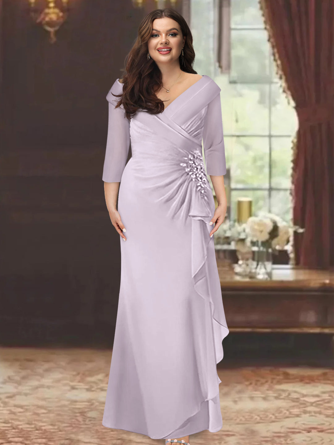 Sheath/Column V-Neck Half Sleeves Floor-Length Plus Size Mother of the Bride Dresses with Ruffles & Appliques - 이미지 28