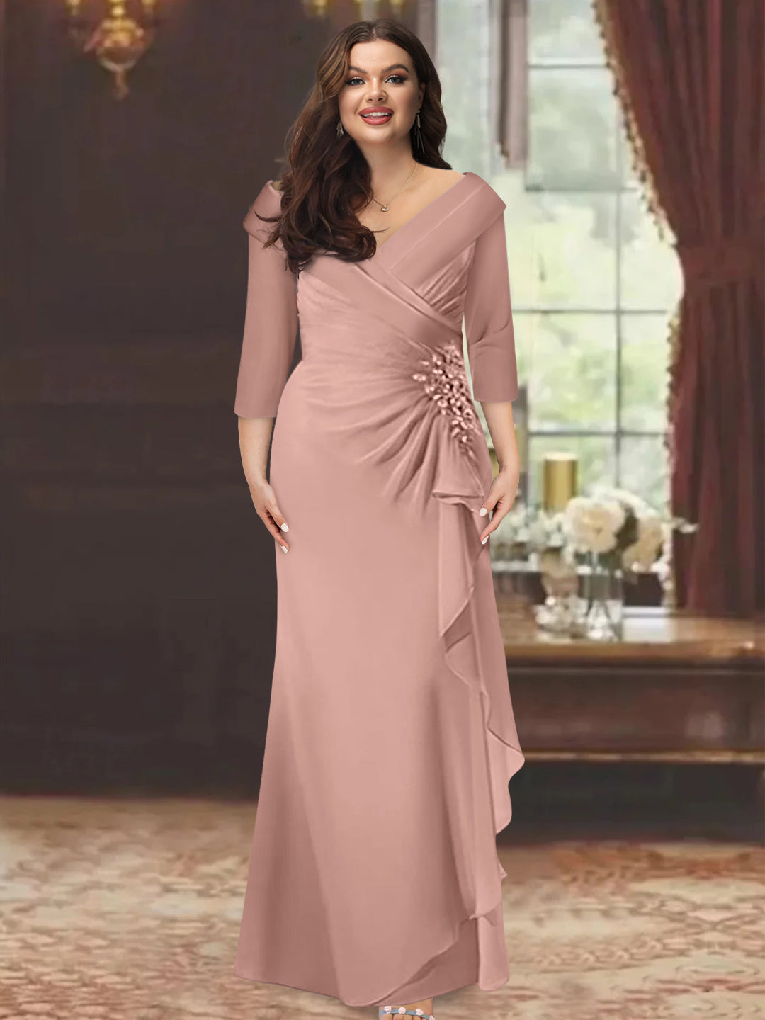 Sheath/Column V-Neck Half Sleeves Floor-Length Plus Size Mother of the Bride Dresses with Ruffles & Appliques - 이미지 29