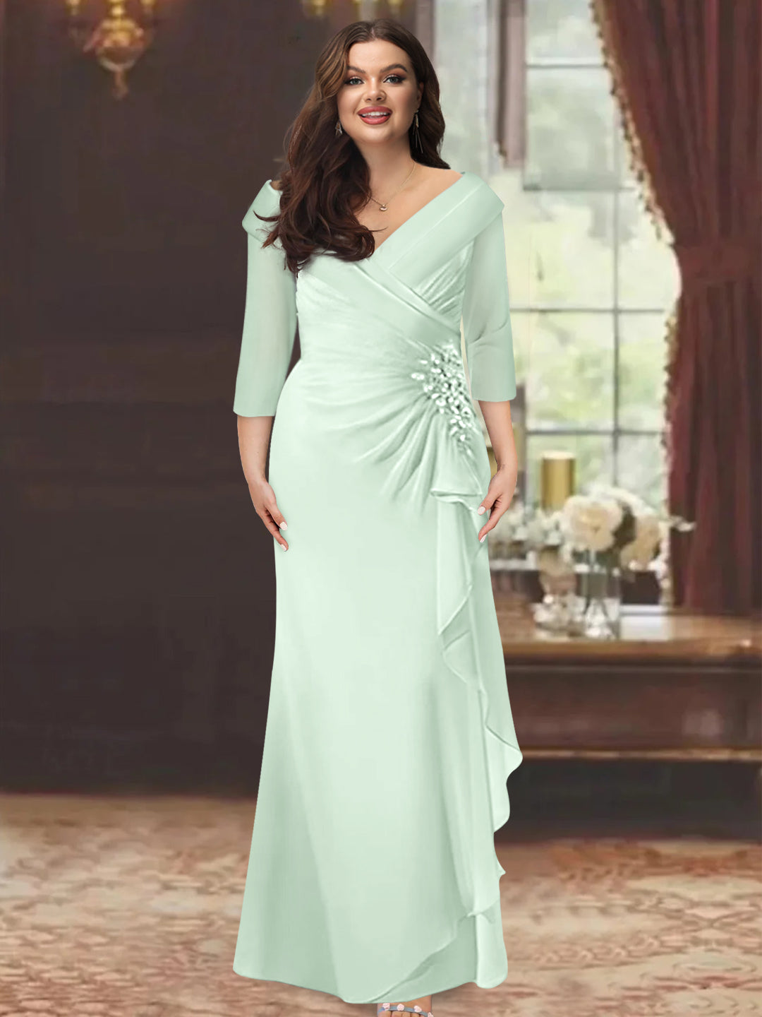 Sheath/Column V-Neck Half Sleeves Floor-Length Plus Size Mother of the Bride Dresses with Ruffles & Appliques - 이미지 30