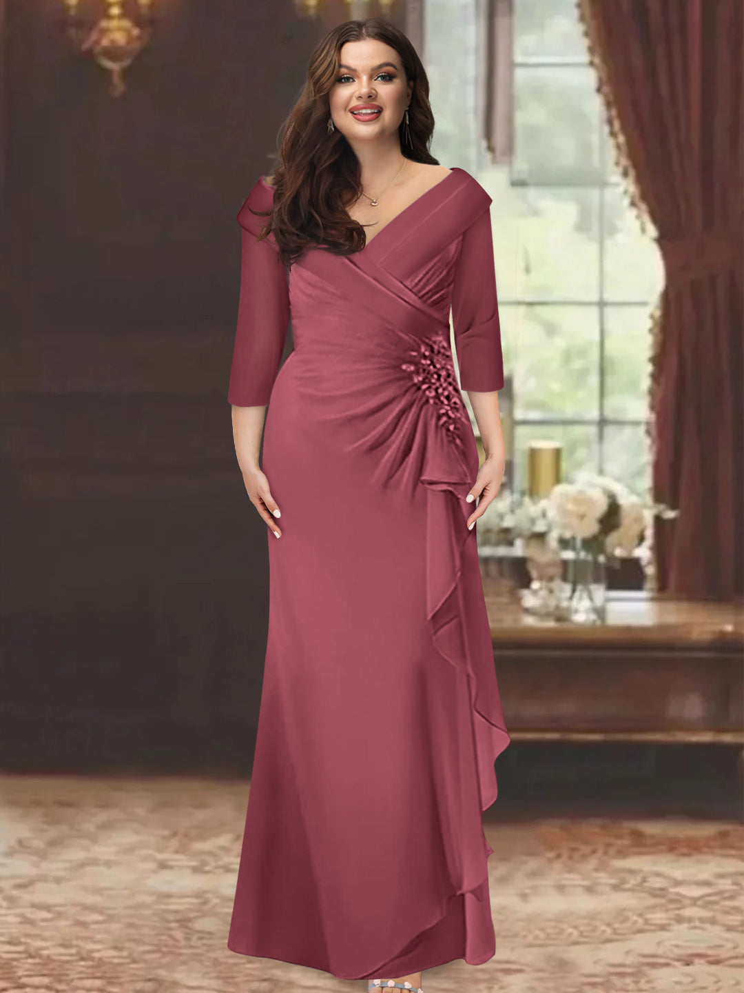 Sheath/Column V-Neck Half Sleeves Floor-Length Plus Size Mother of the Bride Dresses with Ruffles & Appliques - 이미지 31
