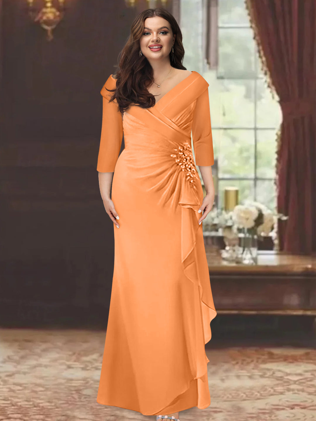 Sheath/Column V-Neck Half Sleeves Floor-Length Plus Size Mother of the Bride Dresses with Ruffles & Appliques - 이미지 33