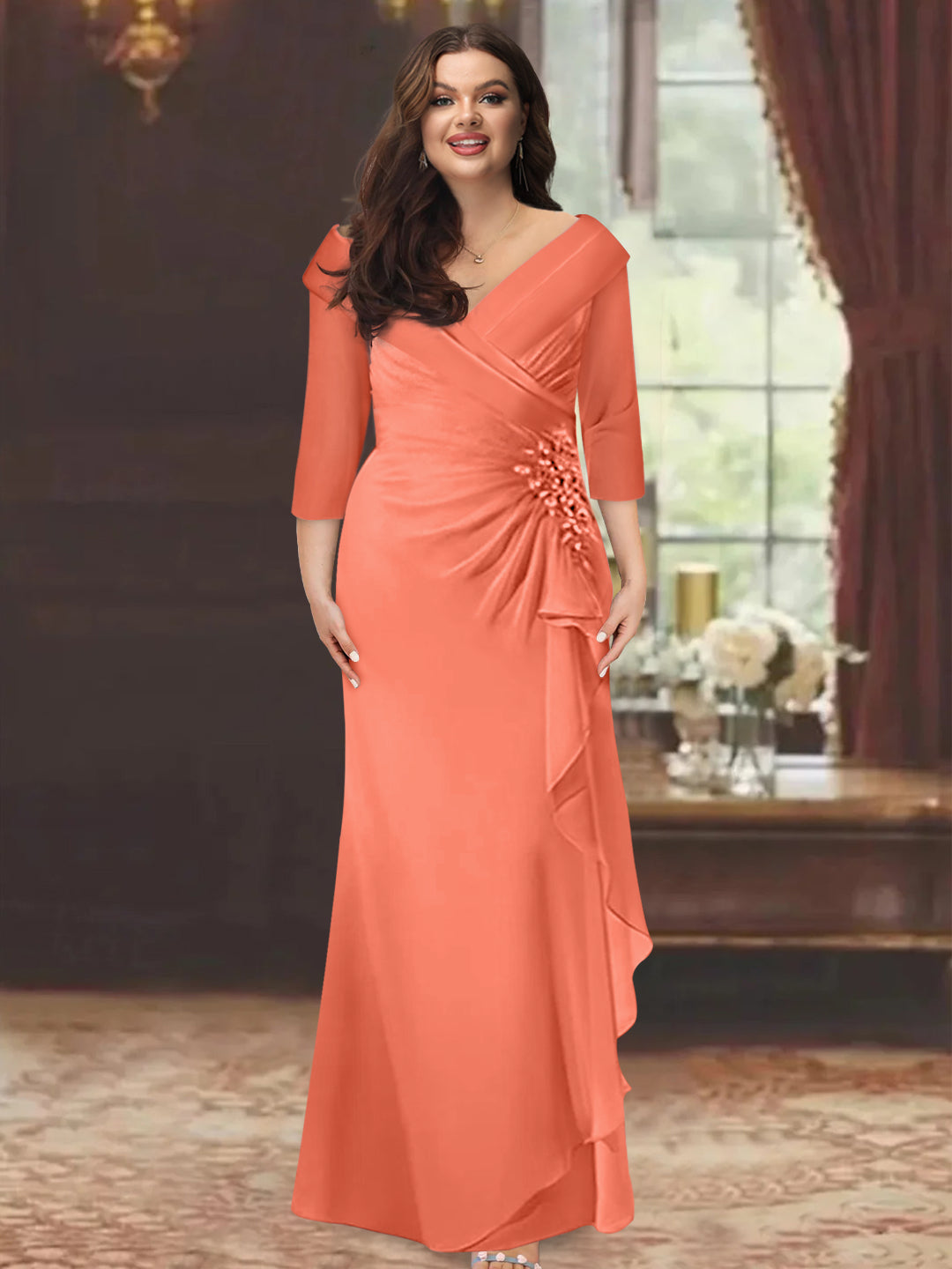 Sheath/Column V-Neck Half Sleeves Floor-Length Plus Size Mother of the Bride Dresses with Ruffles & Appliques - 이미지 35