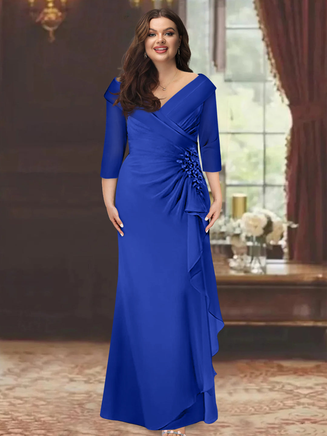 Sheath/Column V-Neck Half Sleeves Floor-Length Plus Size Mother of the Bride Dresses with Ruffles & Appliques - 이미지 42