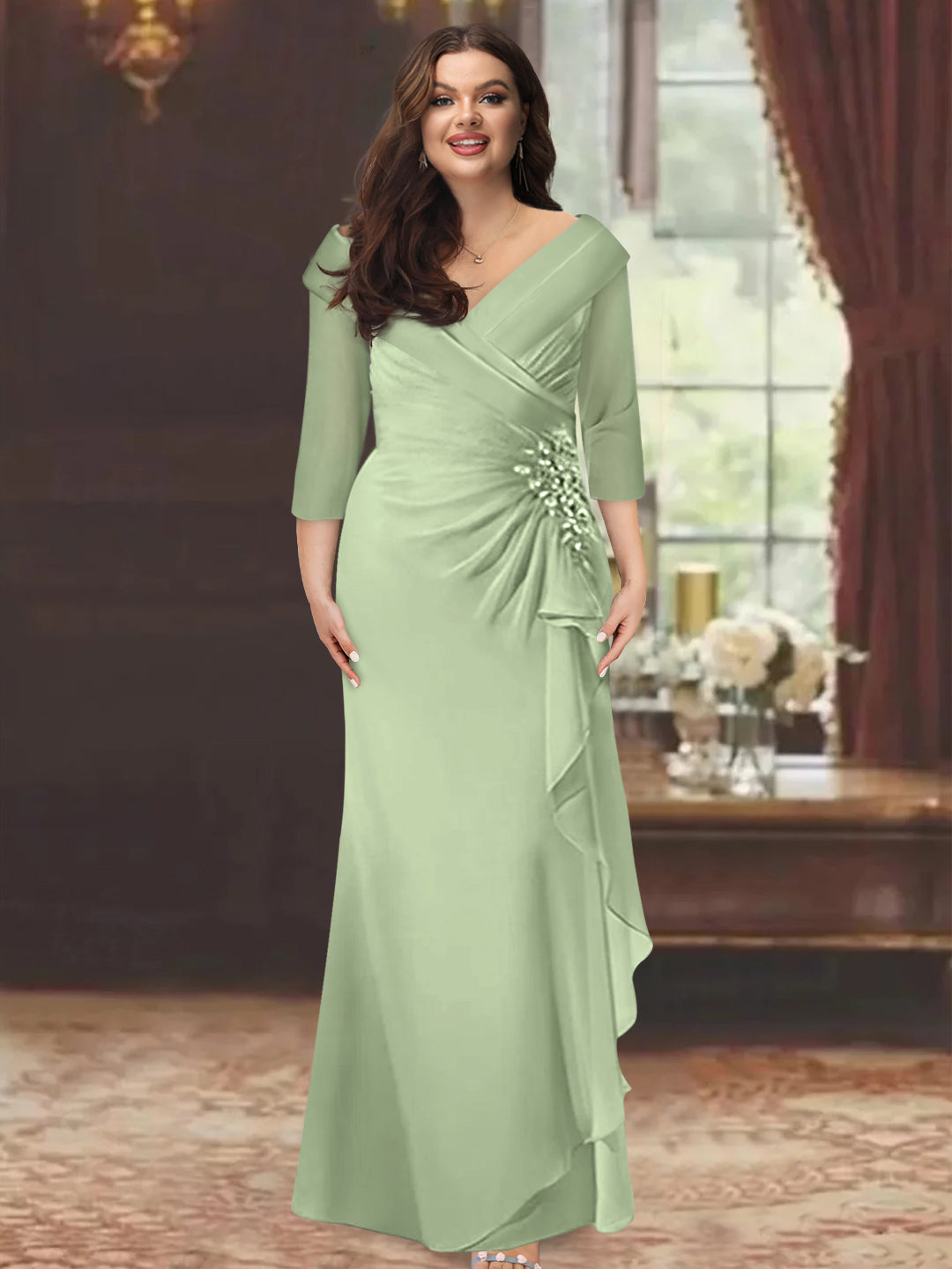 Sheath/Column V-Neck Half Sleeves Floor-Length Plus Size Mother of the Bride Dresses with Ruffles & Appliques - 이미지 43