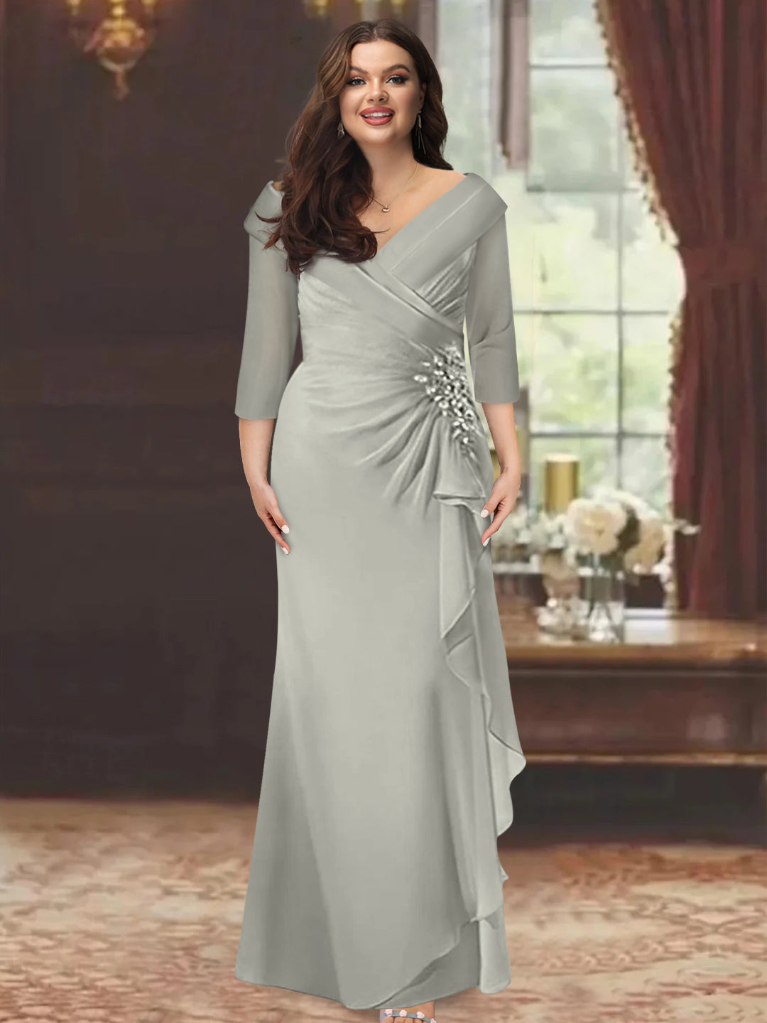 Sheath/Column V-Neck Half Sleeves Floor-Length Plus Size Mother of the Bride Dresses with Ruffles & Appliques - 이미지 44
