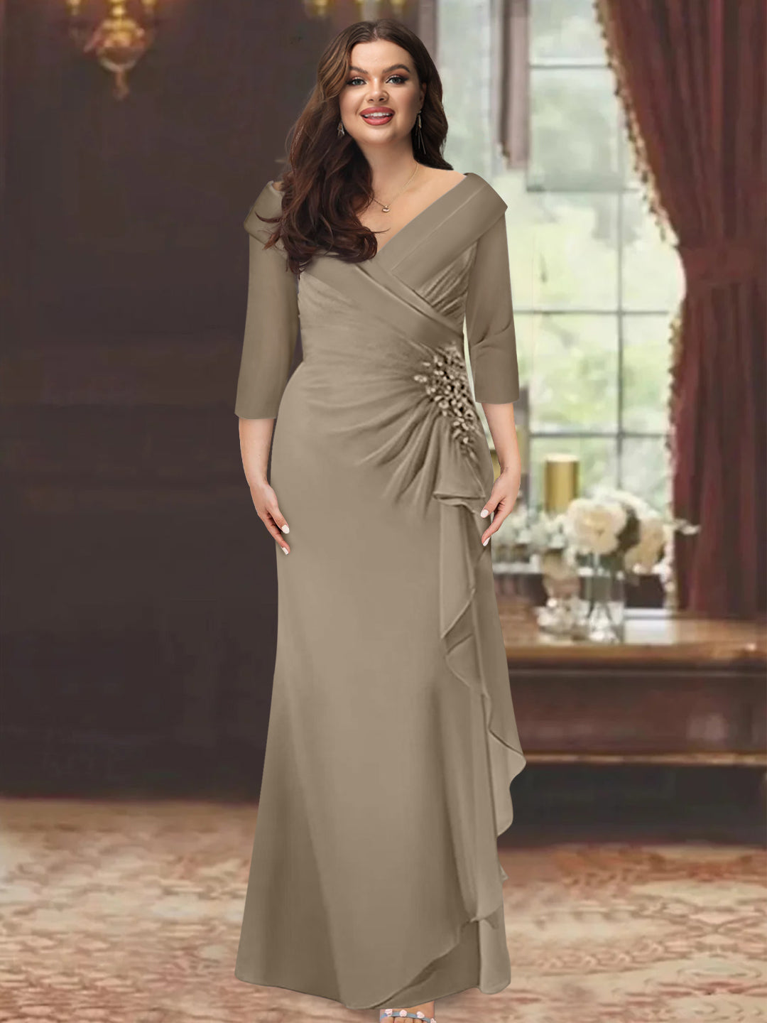 Sheath/Column V-Neck Half Sleeves Floor-Length Plus Size Mother of the Bride Dresses with Ruffles & Appliques - 이미지 49