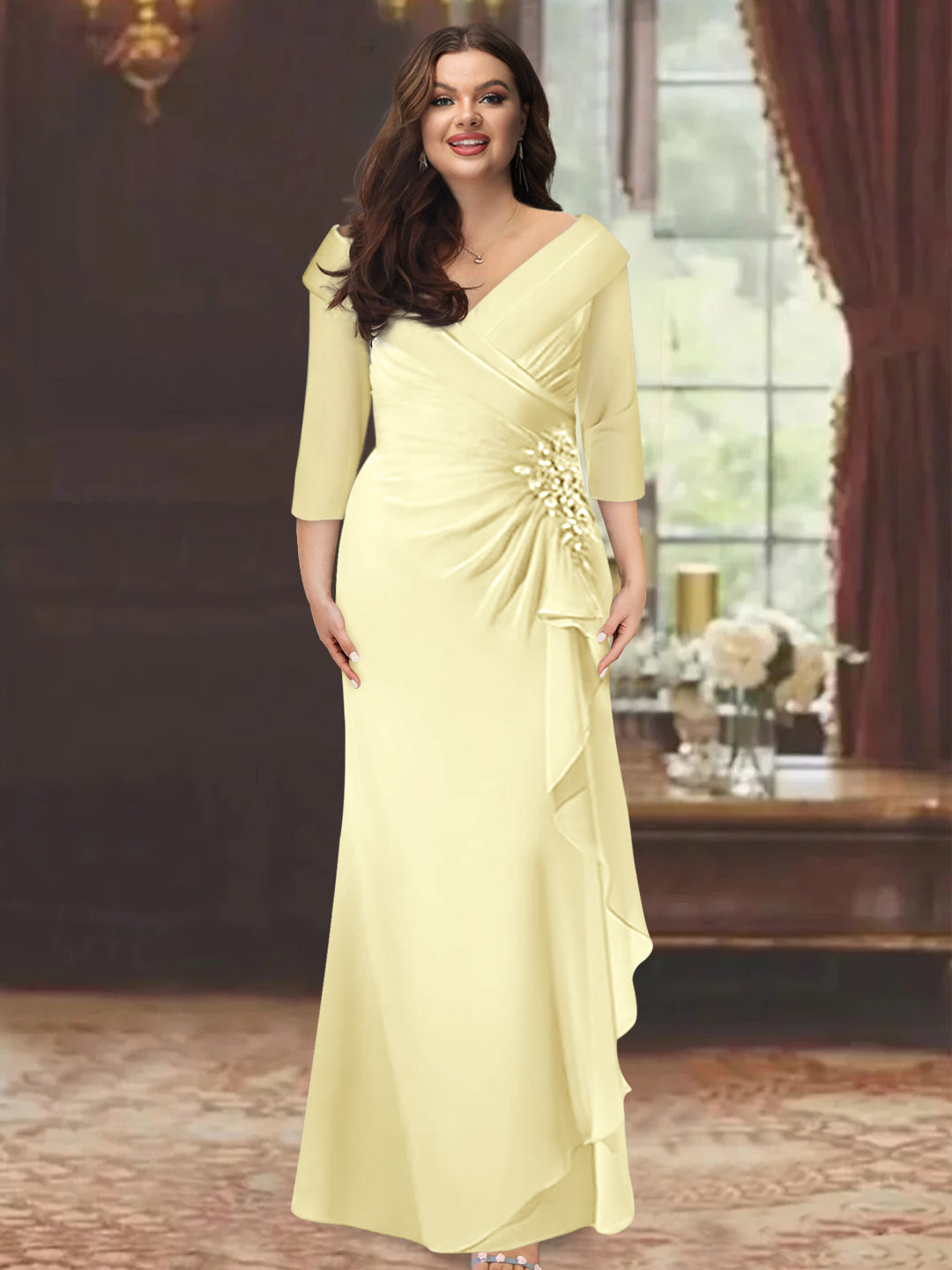 Sheath/Column V-Neck Half Sleeves Floor-Length Plus Size Mother of the Bride Dresses with Ruffles & Appliques - 이미지 54