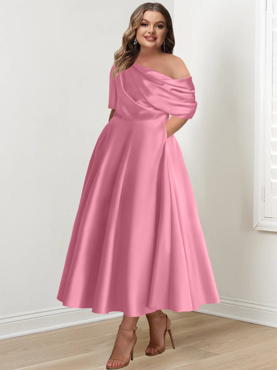 A-Line/Princess One-shoulder Half Sleeve Ankle-Length Plus Size Mother of the Bride Dresses with Ruffles - 이미지 7