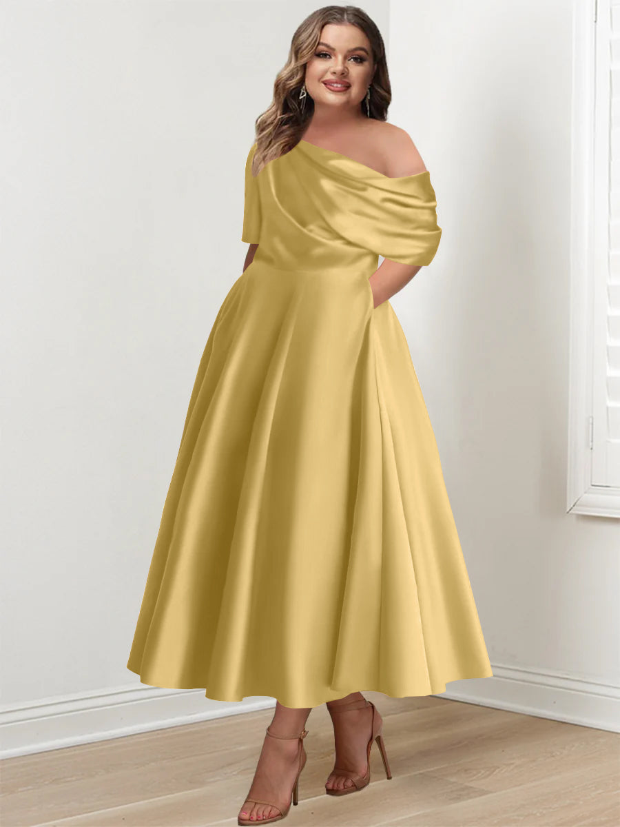 A-Line/Princess One-shoulder Half Sleeve Ankle-Length Plus Size Mother of the Bride Dresses with Ruffles - 이미지 20