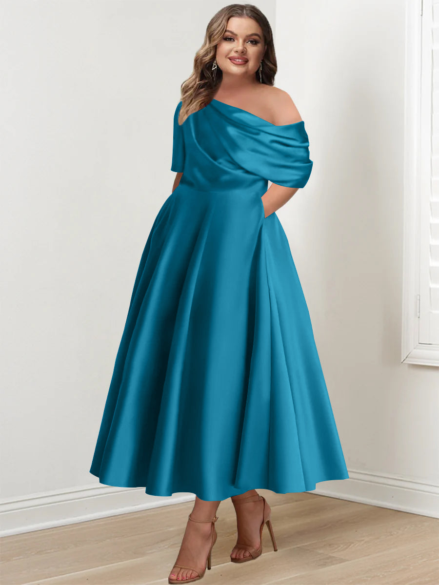 A-Line/Princess One-shoulder Half Sleeve Ankle-Length Plus Size Mother of the Bride Dresses with Ruffles - 이미지 28